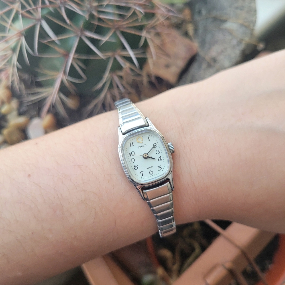 Vintage Timex Dainty Silver & Gold Classic Square Stretch Watch